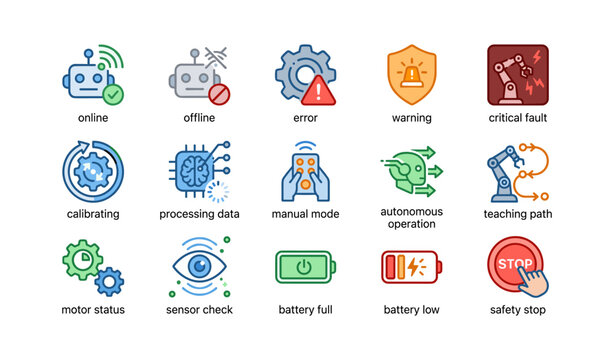 Robotic system icons: error, warning, calibration, operation modes, battery status, safety