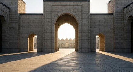 Fototapeta premium A grand view of a stone architectural complex featuring symmetrical arched gateways and a sunlit courtyard that creates long, sharp geometric shadows across the paved plaza during a bright morning.