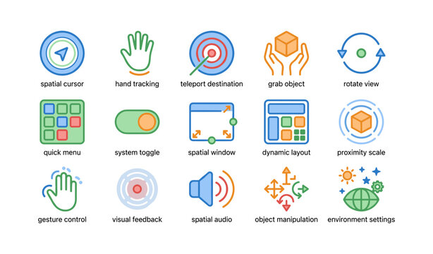 Virtual reality interface icons: navigation, interaction, and settings in vr technology