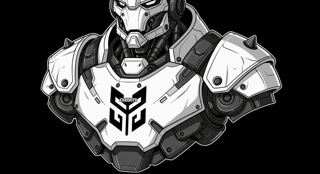Robotic warrior illustration in black and white against dark background
