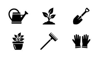 Gardening icon silhouette vector set with watering can plant shovel rake and gloves in minimal black design © Mst.Razia