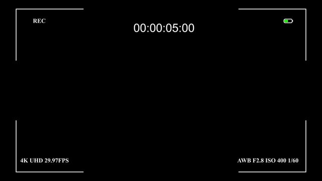 Digital camera recording overlay interface with rec indicator timecode battery status and