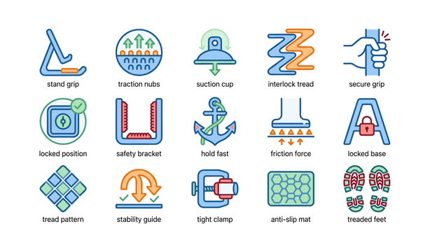 Safety icons: grip, traction, lock, stability, security features explained