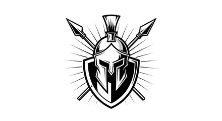 Fototapeta premium Spartan helmet and spears illustration on shield isolated black and white