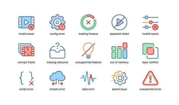 Common software error icons displaying various technical issues