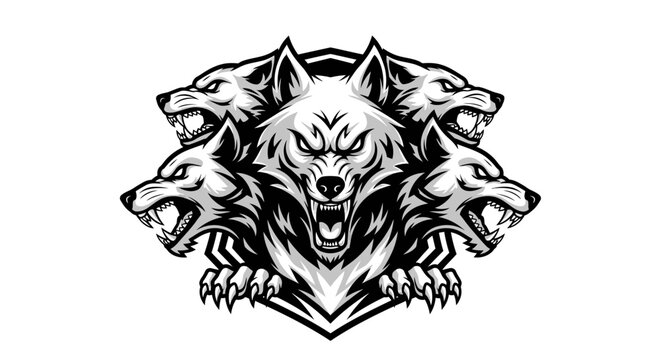 Stylized illustration of a fierce wolf head with multiple wolves vector design