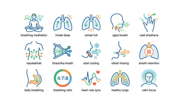 Breathing techniques icons with human illustrations for relaxation and health