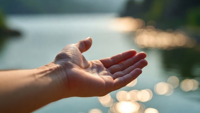 Hand opens toward water, catching sunlight's glow