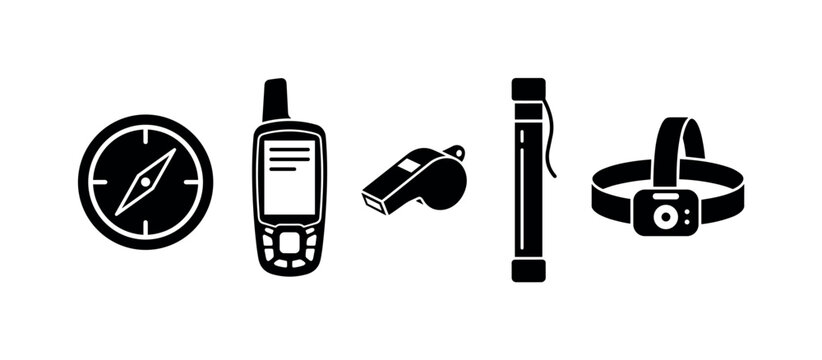 Emergency compasses with dial, handheld GPS navigator device, signal whistle tool, emergency flare stick, headlamp flashlight gear