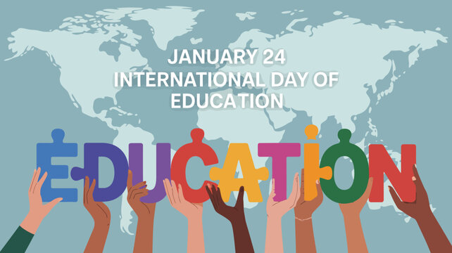 Hands holding education letters up high.