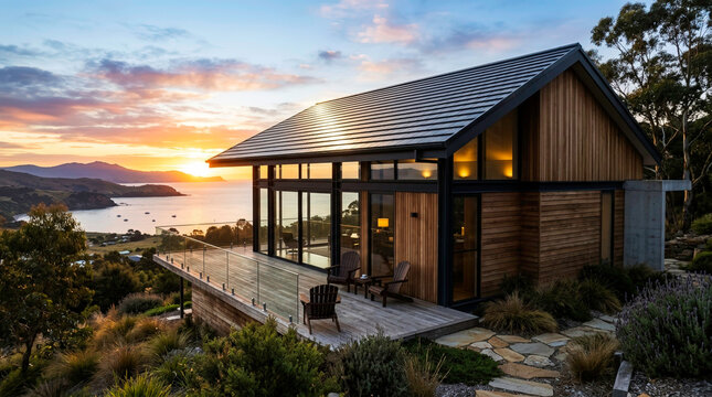 Beautiful Modern Lakefront House with Sunset Reflection at Golden Hour