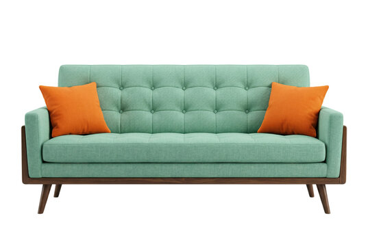 Green fabric sofa with orange pillows isolated. Modern furniture mockup.