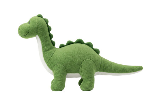 Green plush dinosaur toy side view isolated. Soft animal doll mockup.