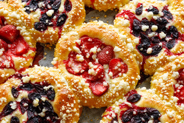 Sweet yeast buns with the addition of strawberries, haskap berries and butter crumble, close up © pbd Studio