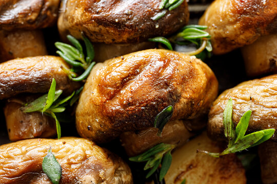Grilled brown mushrooms with fresh herbs, close-up view