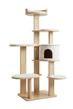 Large wooden cat tree tower side view isolated. Pet furniture mockup.