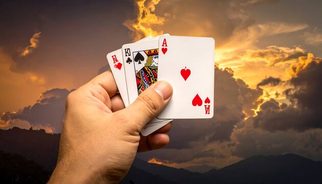 Hand Holding Playing Cards Against a Dramatic Sunset Sky.