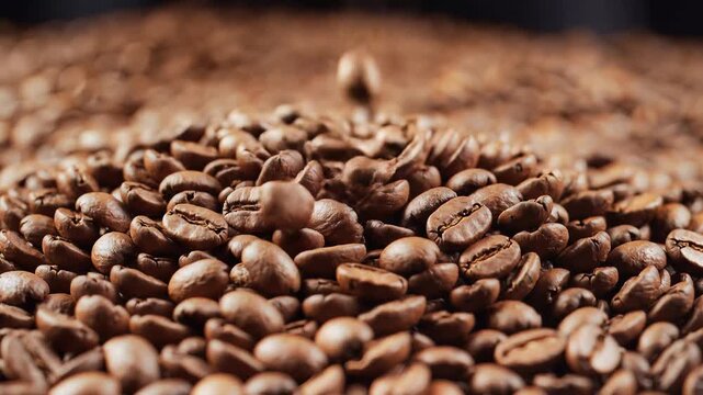 Closeup shot of roasted coffee beans falling onto a pile.