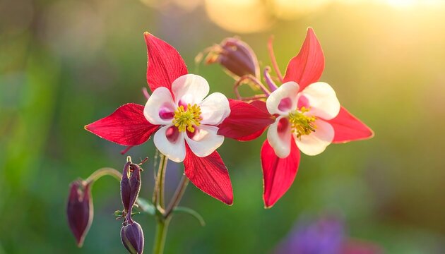 Close-up of vibrant red and white Columbine flowers in bloom.