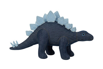 Denim fabric stegosaurus dinosaur plush side view isolated. Textile soft toy mockup. © PNG Lab