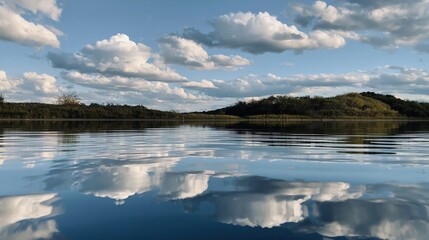 Obraz premium Environmental harmony and serenity with a tranquil lake reflecting the clouds and sky The calm water surface creates a mirror-like image of the natural beauty travel tourism and outdoor recreation.