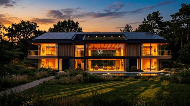 Modern Villa Exterior Illuminated with Elegant Warm Lighting