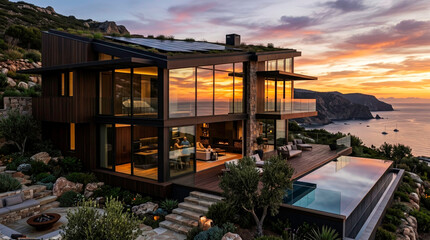 Fototapeta premium Premium Sunset View of a Luxury Modern Oceanfront Villa
