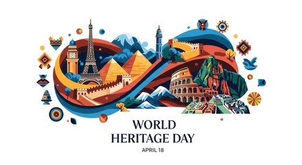 Fototapeta premium World Heritage Day illustration with global monuments and cultural landmarks April 18