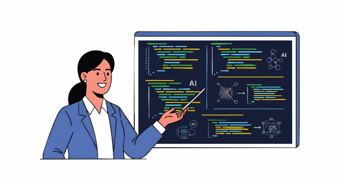 Businesswoman explaining coding on a digital board with graphics