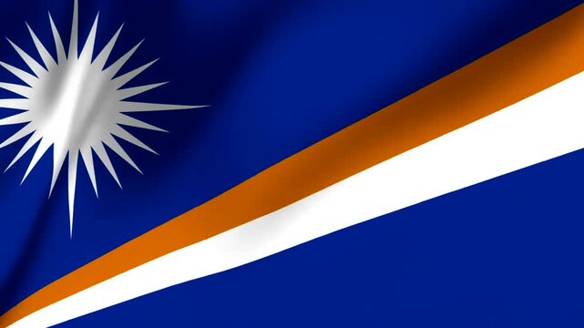 Flag of the Marshall Islands with blue background and white sun symbol and orange and white diagonal stripes