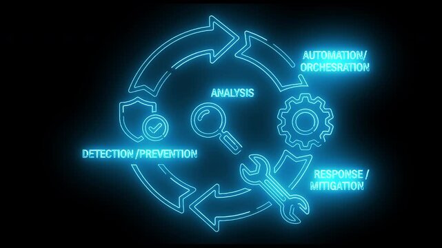 Neon-lit infographic illustrating a cybersecurity process with analysis, automation, integration, and detection on a dark background.