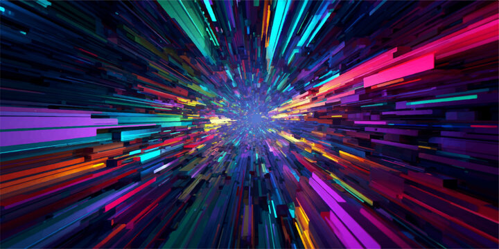 Abstract colorful light background design featuring a bright star burst and fractal laser rays with blue energy glow over a black space backdrop pattern