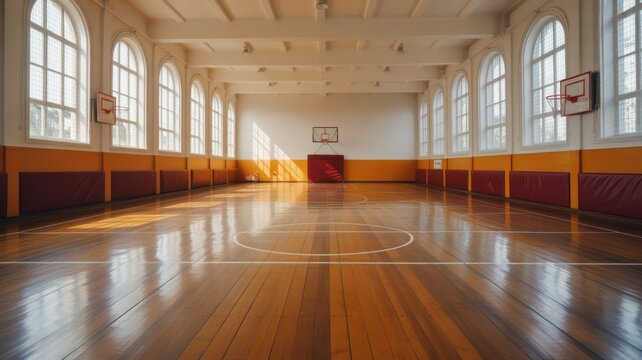 Empty indoor basketball court with wooden floor and bright windows