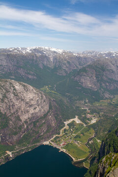 A view from Kjerag mountain with Lysefjorden and Lysebotn town.