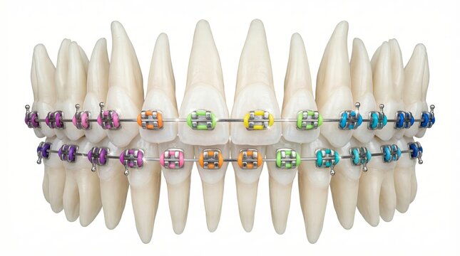 Colorful orthodontic braces with multicolored ligatures on upper teeth macro
