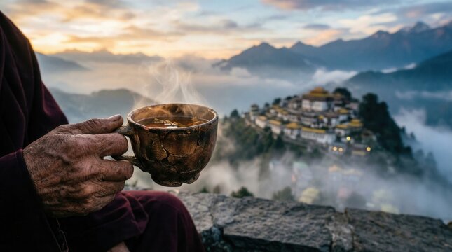 Buddhist monk holding a hot cup of tea with mountain monastery view