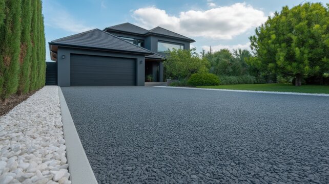 Modern luxury home driveway with resin bound gravel and white decorative border