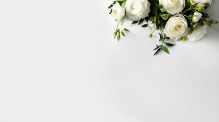 For wedding invitation design and floral decoration concepts A minimalist mockup features white ranunculus flowers arranged on a clean white background creating elegant stationery anniversary cards.