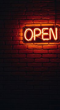 Glowing neon open sign on rustic brick wall background