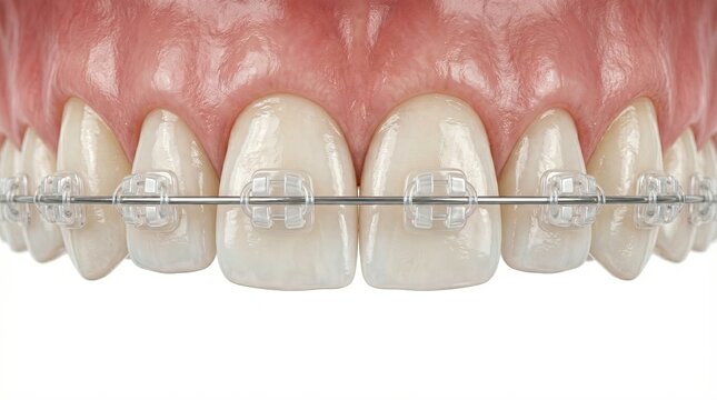 Metal braces with ceramic brackets close-up upper teeth macro