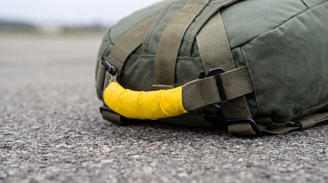 Parachute pack with yellow handle on tarmac