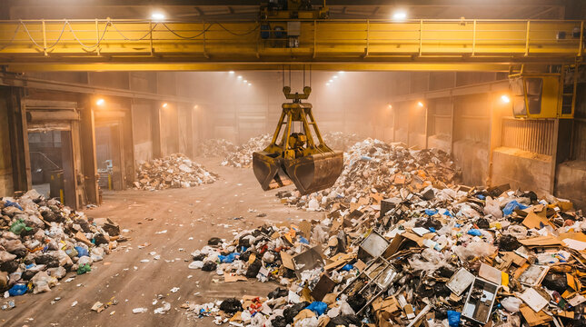 Overhead crane grabbing waste at recycling facility