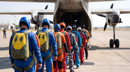 Obraz premium Skydivers lining up boarding airplane for parachute jump