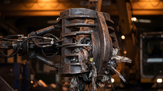 Industrial material handler claw grasping waste for recycling