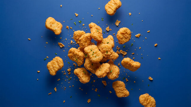 Fried chicken nuggets levitating with crumbs on blue background