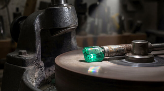 Emerald gemstone polishing process on faceting machine