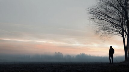 Naklejka premium Existential crisis and mental health issues A man stands alone in nature at dusk silhouetted against a foggy landscape contemplating life and facing uncertainty evoking feelings of loneliness.