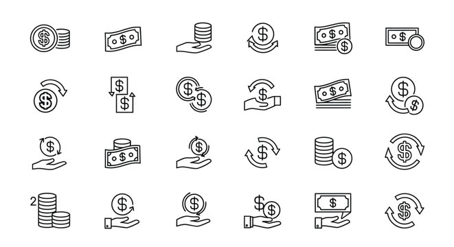 Vector graphic illustration of various money and finance icons with dollar symbols and hands