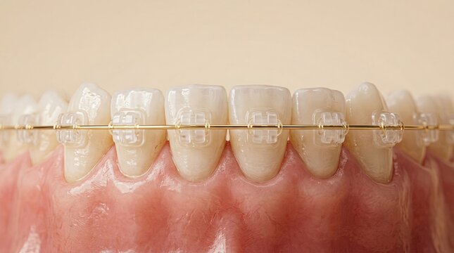 Premium ceramic braces on lower teeth with gold archwire close-up