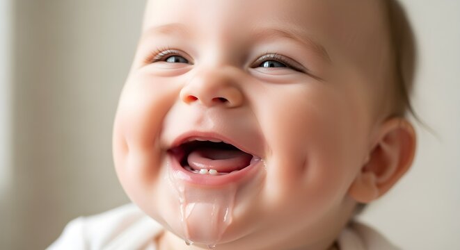 A baby's contagious, giggling laugh being captured in a close-up photo.